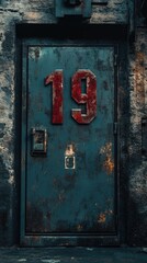 Poster - A wooden door with the number 19 painted on it, suitable for use in various settings such as old houses, apartments, or offices