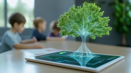 Poster - A vibrant green digital tree hovers above a tablet, with children drawing in the background. The image represents technological integration with nature and education.