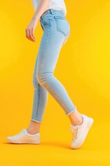 Poster - A woman walks down the street wearing a white shirt and jeans, everyday life moment