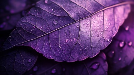 Poster - The stunning texture of a deep purple leaf is highlighted by glistening water droplets, revealing a mesmerizing dance of light and color. Nature's elegance unfolds in every detail