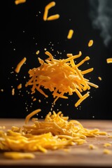 Poster - A pile of shredded cheese sitting on a wooden table, perfect for food or photography use
