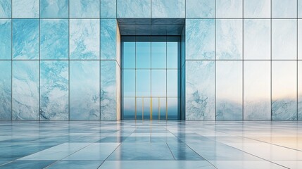 Poster - A stunning marble square reflects the soft hues of dusk, leading up to a towering glass curtain that beckons visitors to explore its modern elegance. The atmosphere is tranquil and inviting