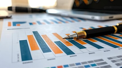 Poster - Data trends are illustrated through colorful charts on paper beside a laptop and a pen, enhancing a professional work environment