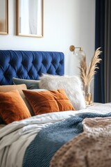 Aufkleber - A cozy bedroom scene featuring a bed with a blue headboard and orange pillows