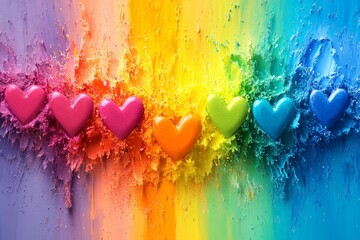 Poster - Colorful hearts create a vibrant display of love and unity in a rainbow pattern on a bright backdrop