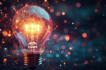 Poster - Bright light bulb glowing with sparkles at night creating a beautiful ambiance and atmosphere