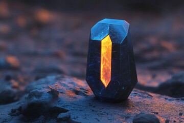 Poster - A blue crystal sits atop a pile of rocks, with natural texture and earthy tones