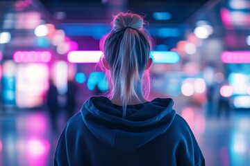 Aufkleber - Young woman stands in a vibrant, illuminated urban space during nighttime, captivated by neon lights and activity