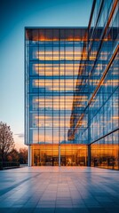Poster - A large contemporary office building showcases sleek glass facades that reflect the vibrant colors of sunset. The space feels alive with energy, inviting creativity and innovation