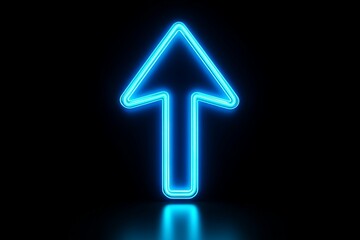Fototapete - Bright neon blue arrow pointing upwards against a black background illuminating the surrounding area at night