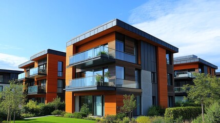 Aufkleber - Brightly lit modern townhouses showcase innovative design, featuring expansive glass balconies and lush greenery. The vibrant colors harmonize with the serene, sunny day, inviting relaxation