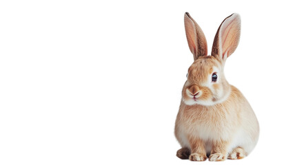 cute light brown rabbit sitting on a plain white background, showcasing its expressive features and 