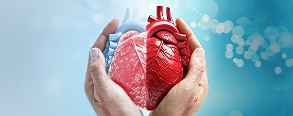Poster - Two hands gently hold 3D rendered heart symbol, split into realistic and stylized half, against soft blue background with bokeh effects, symbolizing care and health
