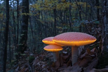 Poster - Enchanted mushrooms glow in the twilight of a serene forest during autumn
