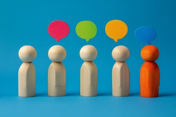 Aufkleber - Colorful wooden figures engaging in conversation with speech bubbles on a blue background
