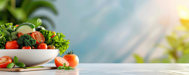 Poster - fresh salad with tomatoes, cucumbers, and greens in white bowl on sunny table