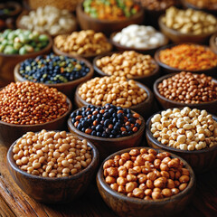 Poster - variety of legumes and nuts are displayed wooden bowls, showcasing diverse textures and colors. assortment includes beans, lentils, and chickpeas, highlighting their natural beauty and nutritional