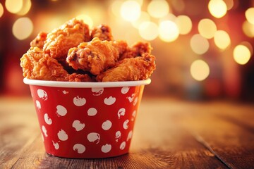 Poster - A red cup filled with fried chicken on top of a wooden table, great for food photography or as a prop in a still life scene