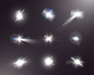 Wall Mural - bright white light explosion with lens flare, rainbow reflections, and sparkles on transparent backg