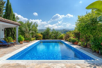 Poster - Tranquil outdoor pool surrounded by lush greenery on a sunny day in a serene countryside setting