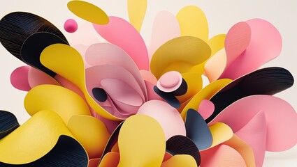 Poster - Colorful abstract shapes creating a vibrant floral design with dynamic textures and shades of pink, yellow, and black