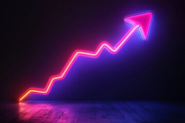 Poster - Neon arrow indicating upward trend on a dark background representing growth and success