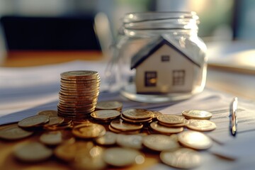 Poster - A jar filled with coins sitting next to a stack of coins, ideal for financial or money-related concepts