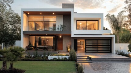 Poster - A stunning luxury house showcases a modern facade with large glass windows and elegant wooden accents. The serene landscaping complements the sleek architecture, creating a perfect haven at dusk