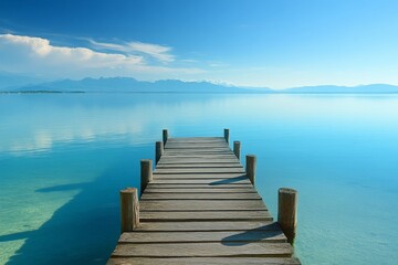 Poster - Serene wooden pier extending into calm blue waters against a backdrop of distant mountains and clear skies