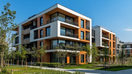 Poster - Luxurious modern buildings stand tall against a clear blue sky, featuring sleek lines and an abundance of greenery