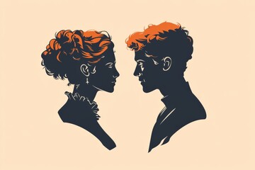 Poster - Silhouettes of a man and woman with striking auburn hair highlighted against a light background