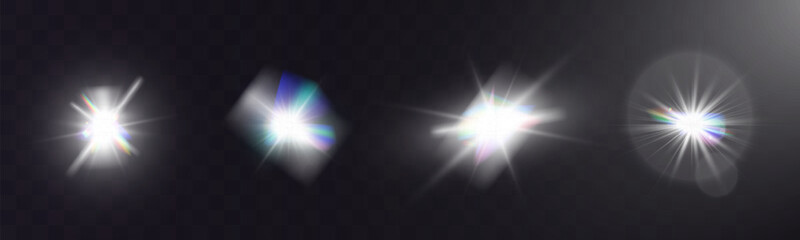 Wall Mural - bright white light explosion with lens flare, rainbow reflections, and sparkles on transparent backg
