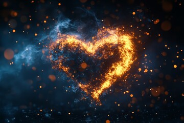 Fototapete - Flaming heart shape illuminated by glowing particles in a dark atmosphere creates a captivating visual effect