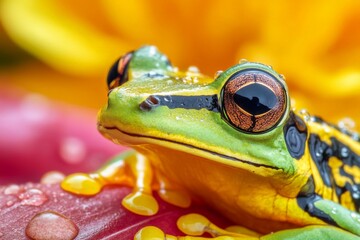 Poster - Colorful frog resting on a vibrant flower with water droplets in a tropical setting during daylight hours