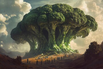 Poster - Majestic forest gathering under massive green canopy with mystical figures in twilight