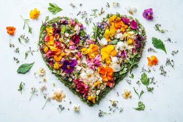 Poster - Heart-shaped arrangement of vibrant flowers and greens on a white surface showcasing natural beauty and creativity