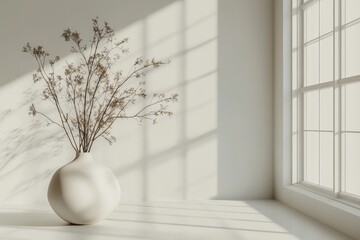 Aufkleber - Bright and airy interior with a vase of dried flowers next to a spacious window in a minimalist setting