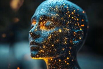 Aufkleber - Glowing face sculpture surrounded by shimmering particles in an artistic display at nighttime