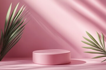 Poster - Soft pink display area with green leaves creates a calming aesthetic for products or presentations