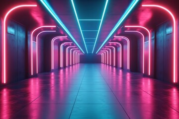 Poster - Vibrant neon-lit corridor with arches creating a futuristic atmosphere in a darkened environment