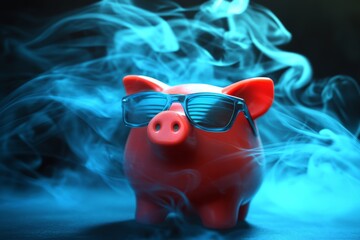 Aufkleber - Stylish pink piggy bank wearing sunglasses amidst swirling blue smoke in a creative artistic setting