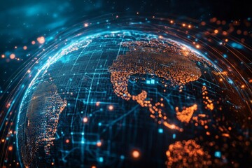 Aufkleber - Visual representation of a digital world map showcasing interconnected global networks and illuminated cities at night
