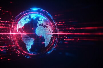 Aufkleber - Digital representation of Earth with glowing continents and dynamic light trails illustrating global connectivity