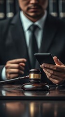 Poster - A businessman holds a cell phone and a judge's gavel, ready for a meeting or negotiation