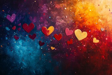Poster - Colorful hearts floating in an abstract artistic background featuring vibrant blues and warm oranges