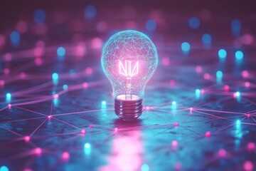 Aufkleber - Electric light bulb glowing with digital network design in vibrant pink and blue colors