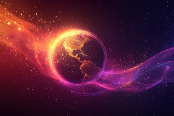 Poster - Vibrant depiction of Earth surrounded by cosmic energy in a colorful galaxy setting