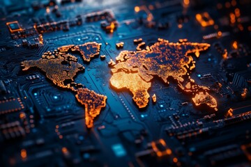 Poster - Global connectivity represented through a circuitry map of the world illuminated in vibrant orange hues
