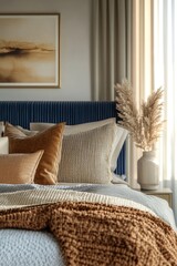 Poster - Cozy bedroom with a bed and a picture on the wall, great for interior design or lifestyle photography