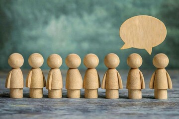 Poster - Wooden figures communicate in a collaborative setting with a speech bubble above